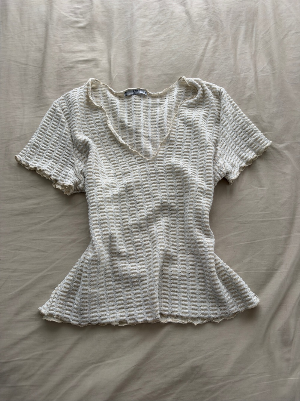 Zara Cream Textured Short Sleeve Top